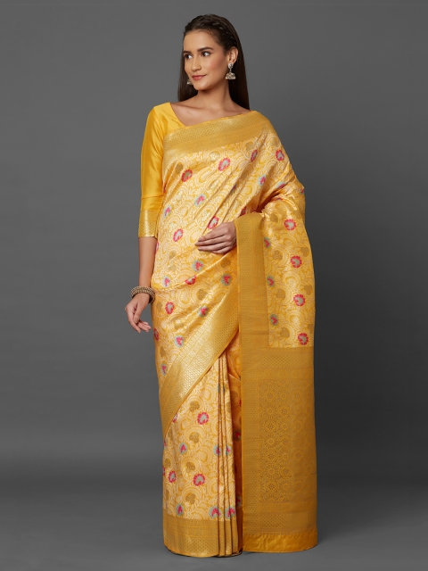 Mitera Yellow Silk Blend Woven Design Banarasi Saree