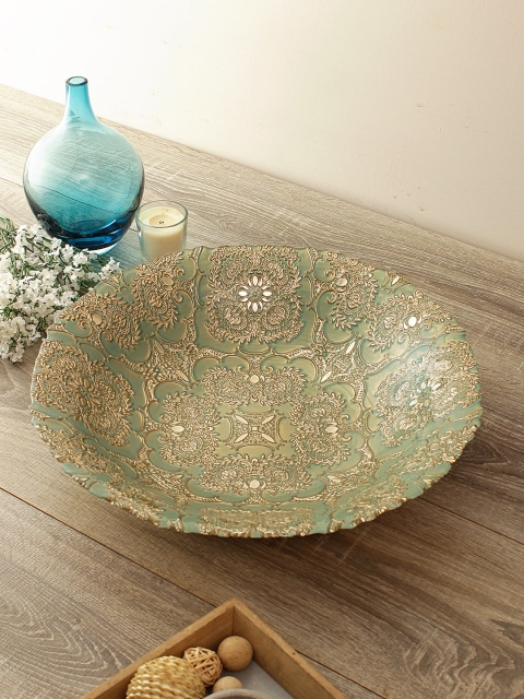 Living Essence Green & Gold-Toned Decorative Carved Finish Glass Platter