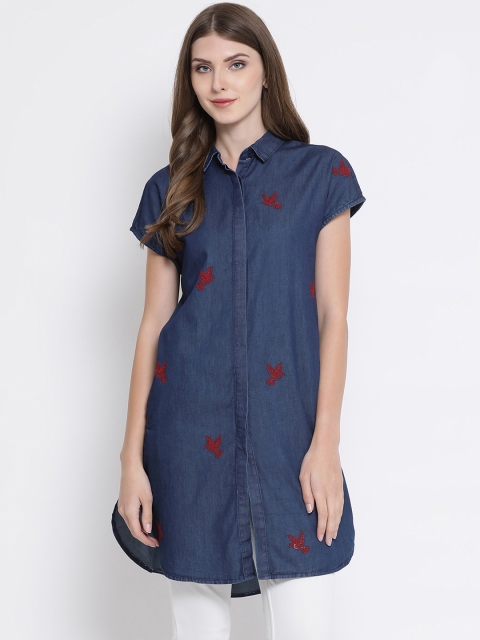 Oxolloxo Women Navy Blue Regular Fit Printed Casual Longline Shirt