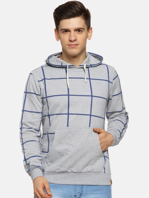 Campus Sutra Men Grey & Blue Checked Hooded Sweatshirt