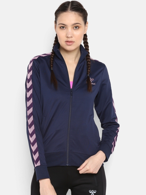 hummel Women Navy Blue Solid Sporty Jacket