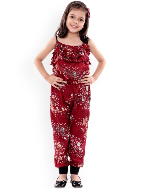 naughty ninos Girls Maroon & Green Printed Basic Jumpsuit