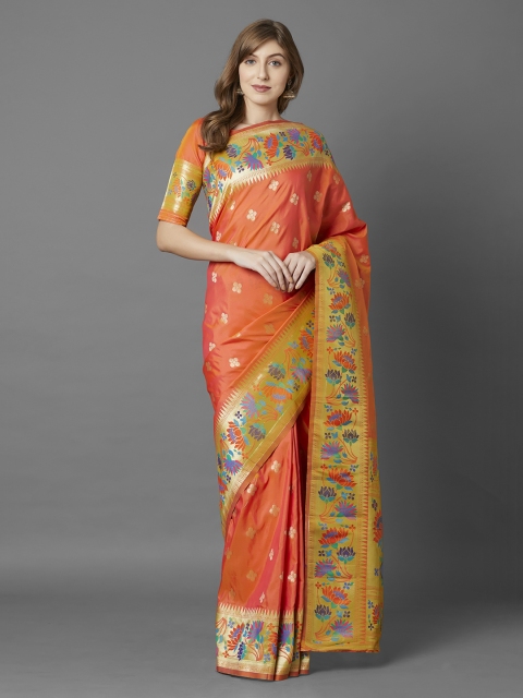 Mitera Orange & Yellow Silk Blend Woven Design Banarasi Saree