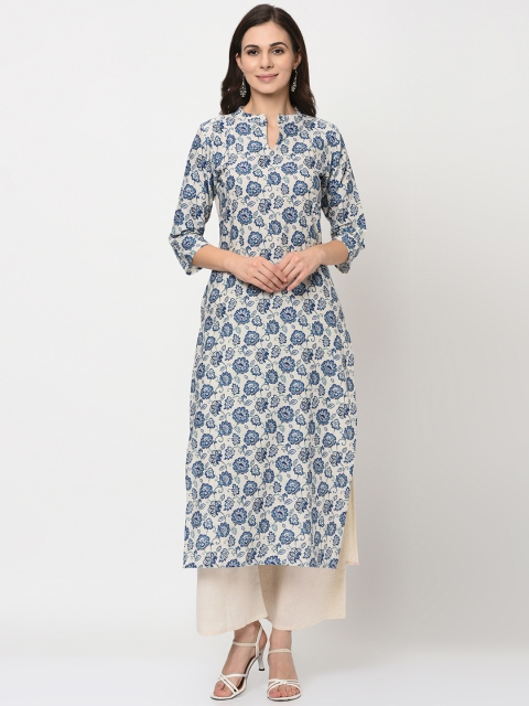 ZIYAA Women Off-White & Blue Printed Straight Kurta