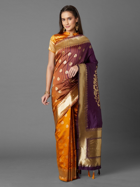 Mitera Yellow & Purple Silk Blend Woven Design Kanjeevaram Saree