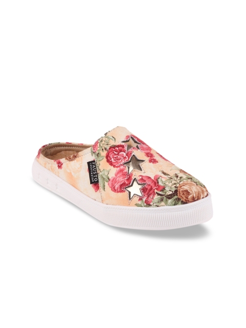 FAUSTO Women Cream-Coloured & Pink Printed Lightweight Slip-On Sneakers