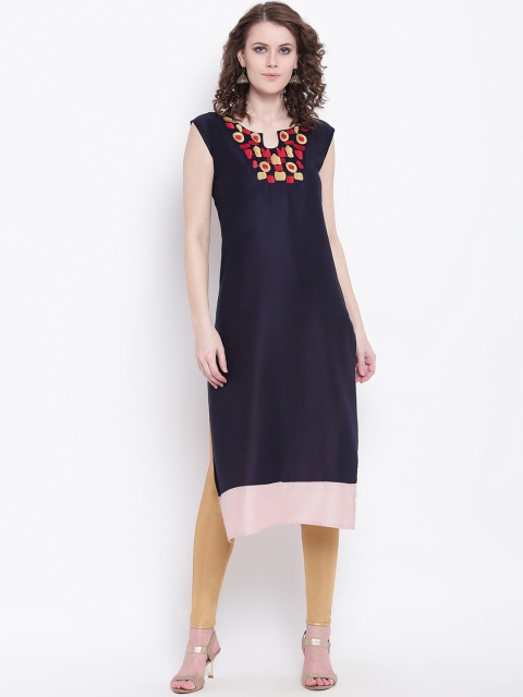 Napra Women Navy Blue Embroidered Straight Kurta