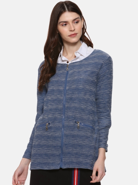 Campus Sutra Women Blue Self-Design Single-Breasted Blazer