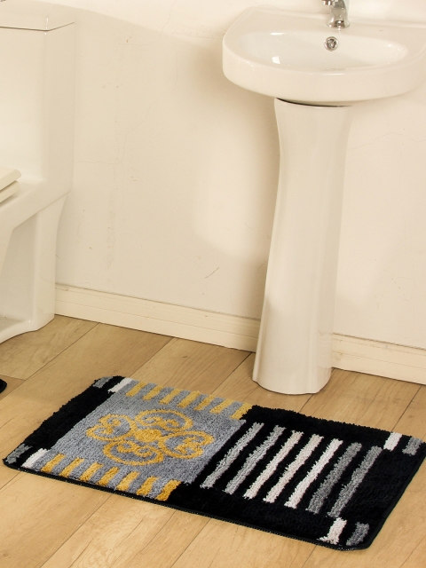 OBSESSIONS Black & Grey Microfiber Polyester Anti-Slip Bath Rug