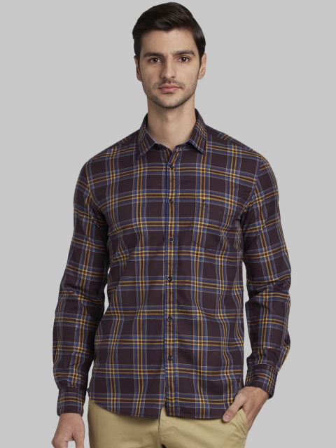 Parx Men Brown & Yellow Slim Fit Checked Casual Shirt