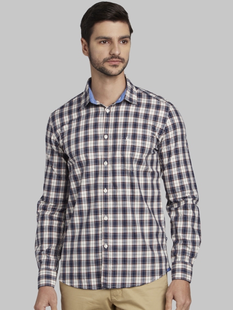 Parx Men White & Navy Blue Slim Fit Checked Casual Shirt