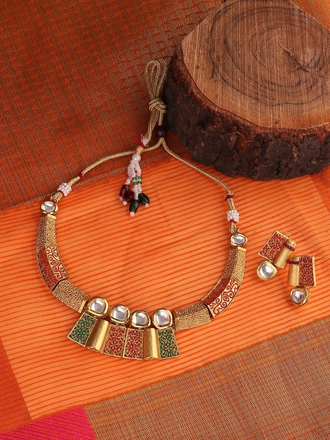 Shoshaa Women Gold-Toned & Red Handcrafted Enamelled Kundan Jewellery Set