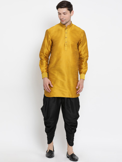 VASTRAMAY Men Yellow & Black Solid Kurta with Dhoti Pants 
VASTRAMAY Men Yellow & Black Solid Kurta with Dhoti Pants