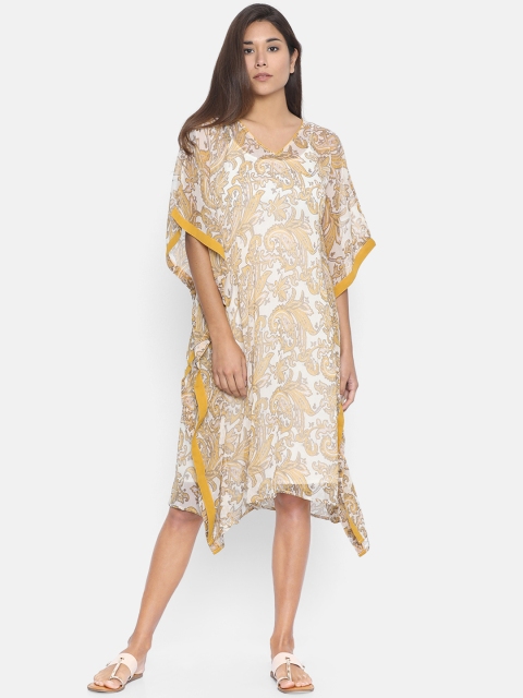 The Kaftan Company Women Off-White & Yellow Printed Maternity Kaftan Dress