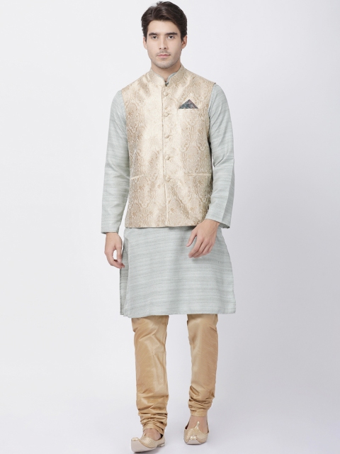VASTRAMAY Men Teal Green & Beige Self Design Kurta with Churidar