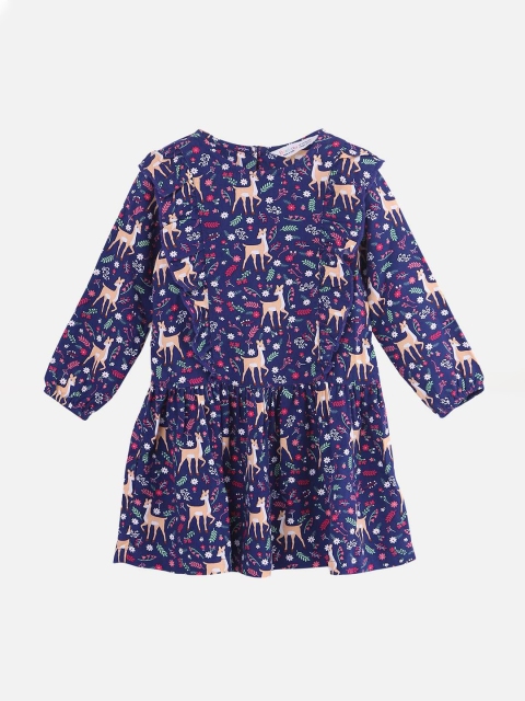 Beebay Girls Navy Blue Floral Print Drop-Waist Dress