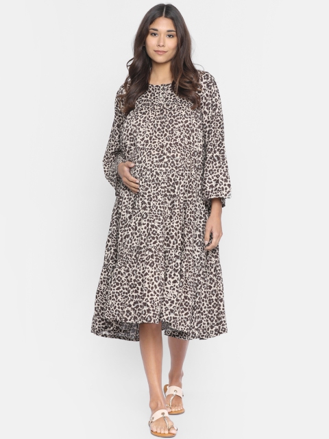 The Kaftan Company Women Beige & Black Animal Printed Maternity A-Line Dress