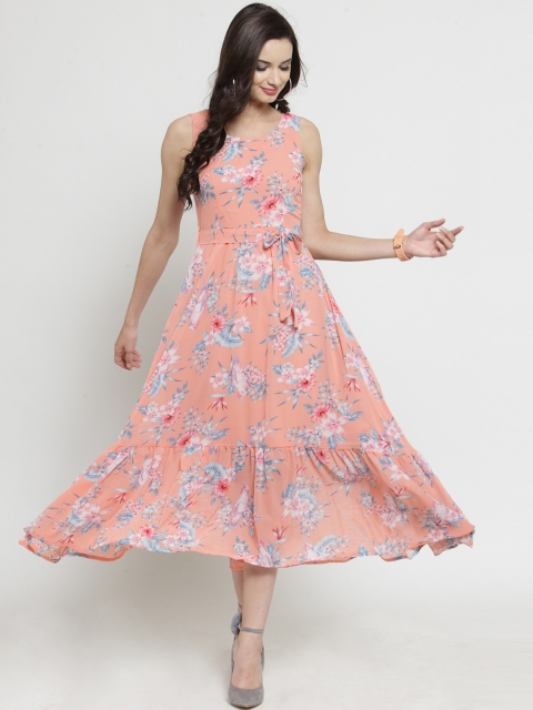 Sera Women Peach-Coloured Floral Print Fit and Flare Dress