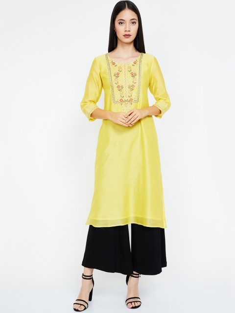Melange by Lifestyle Women Yellow Yoke Design Straight Kurta