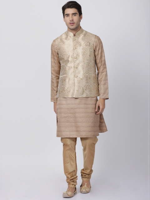 VASTRAMAY Men Rose Gold & Brown Self Design Kurta Churidar With Jacket