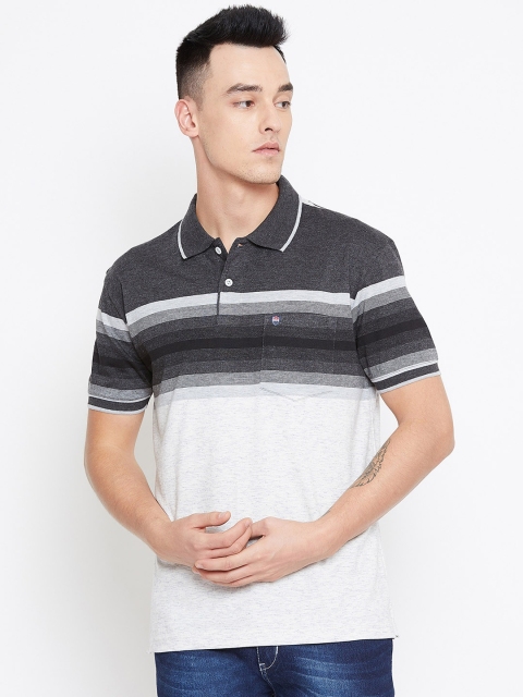 Duke Men Grey Striped Polo Collar T-shirt