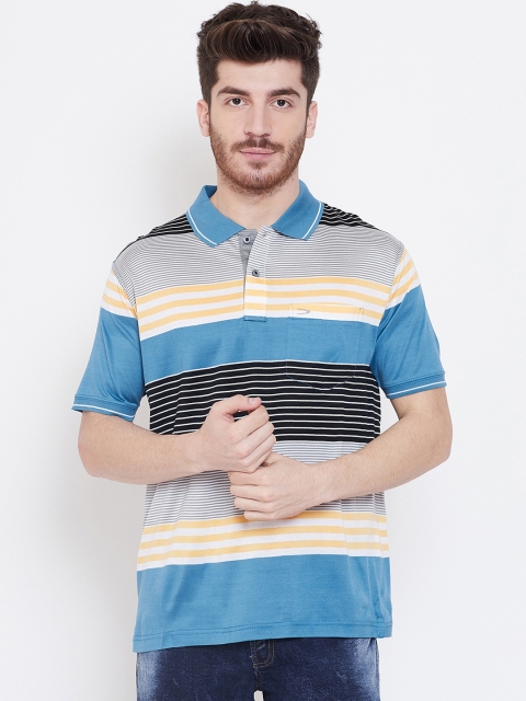 Duke Men Grey And Blue Striped Polo Collar T-shirt