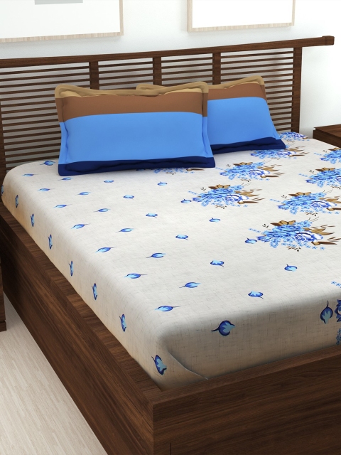 Story@home Cream & Blue Floral 186 TC King Bedsheet with 2 Pillow Covers