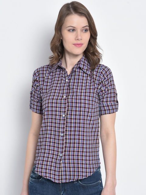 Mayra Women Black & Pink Slim Fit Checked Casual Shirt