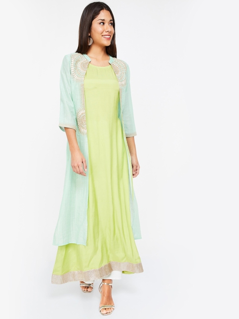 Melange by Lifestyle Women Lime Green & Turquoise Blue Embroidered Layered Straight Kurta
Melange by Lifestyle Women Lime Green & Turquoise Blue Embroidered Layered Straight Kurta