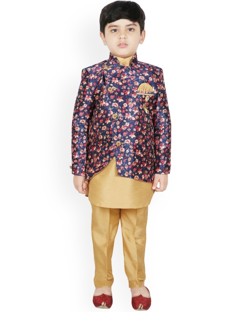 SG YUVRAJ Boys Blue & Beige Printed Raw Silk Kurta with Trousers