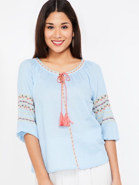 Colour Me by Melange Women Blue Embroidered Top