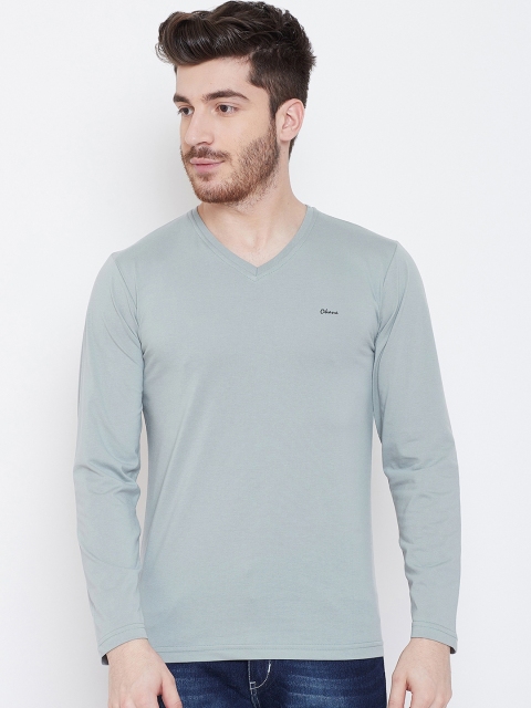 Okane Men Blue Solid V-Neck T-shirt