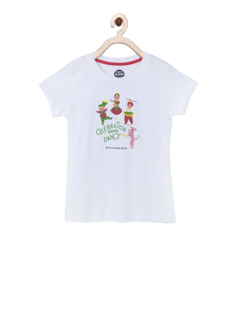 Cub McPaws Girls White & Pink Printed Round Neck T-shirt