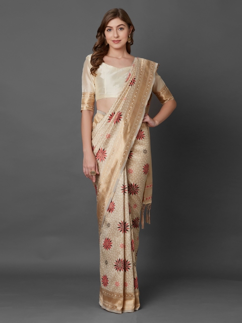 Mitera Cream-Coloured & Beige Silk Blend Woven Design Saree