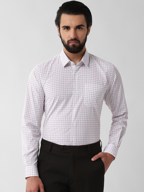Peter England Men White & Blue Slim Fit Checked Formal Shirt