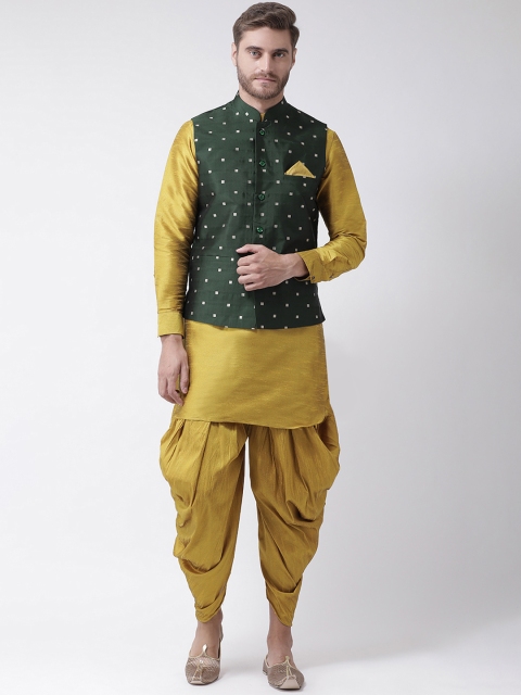 DEYANN Men Gold-Toned & Green Solid Kurta with Dhoti Pants & Nehru Jacket