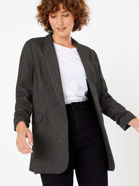 Marks & Spencer Women Charcoal Black Solid Open Front Longline Blazer