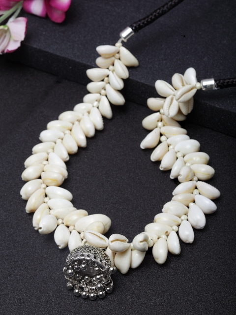 Moedbuille Handcrafted Sea Shell and Jhumki Design Silver Plated Bohemian Necklace