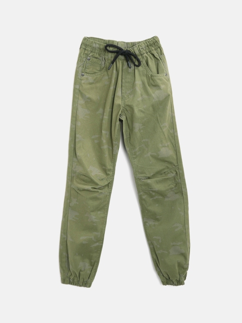 Nauti Nati Boys Olive Green Camouflage Printed Regular Fit Joggers