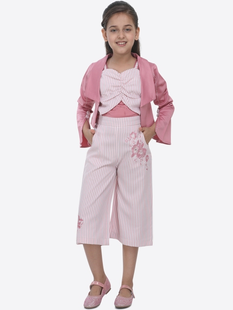CUTECUMBER Girls White & Pink Striped Culotte Jumpsuit