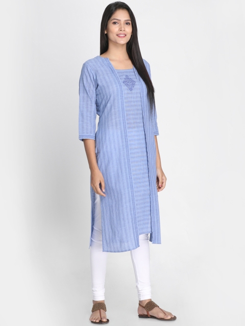 Nakshi Women Blue Striped Asymmetric Straight Kurta