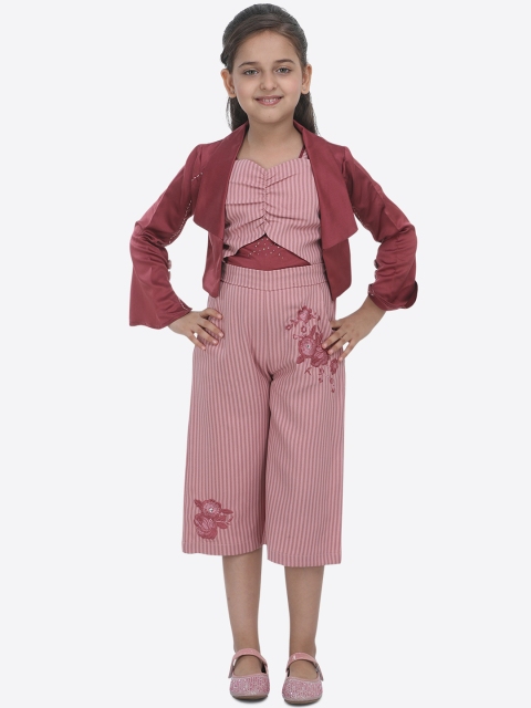 CUTECUMBER Girls Pink & Maroon Striped Culotte Jumpsuit With Jacket