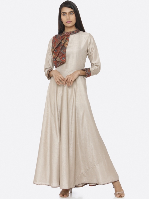 RAISIN Women Printed Beige Upada Silk A-Line Maxi Dress