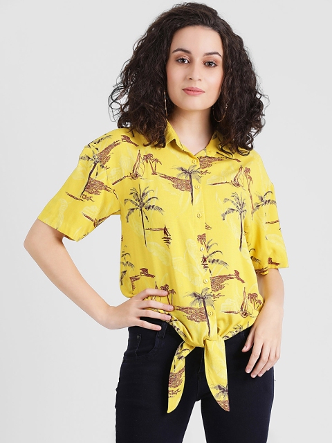 Zink London Women Yellow Printed Shirt Style Top