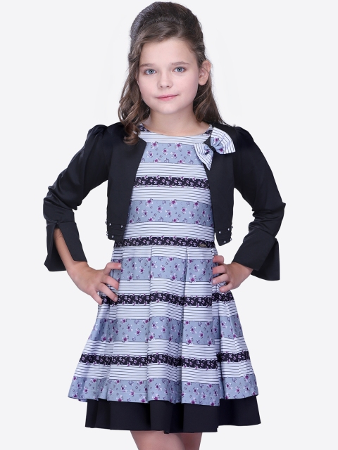 CUTECUMBER Girls Blue & Black Striped Fit and Flare Dress with Shrug
