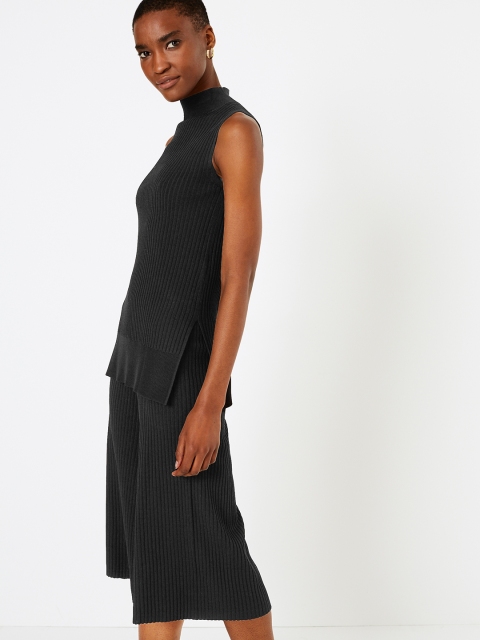 Marks & Spencer Women Black Striped Regular Fit Sweater