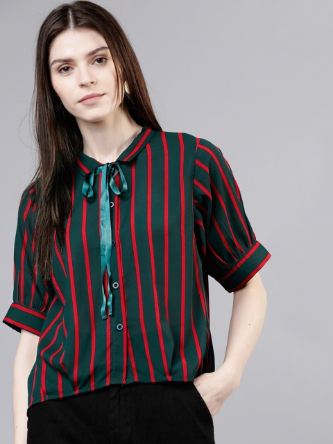 Tokyo Talkies Women Green & Rust Regular Fit Striped Casual Shirt