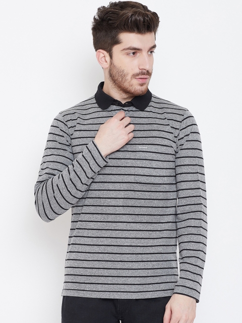 Okane Men Grey Striped Polo Collar T-shirt