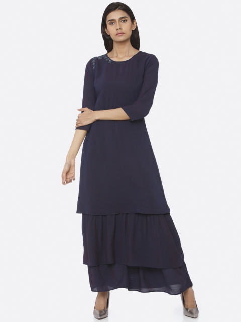 RAISIN Women Navy Blue Solid Silk Maxi Dress