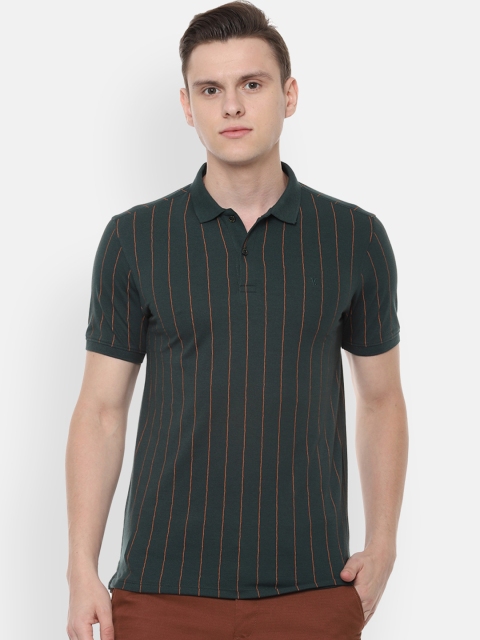 V Dot Men Olive Green Striped Polo Collar T-shirt
